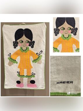 Vintage 1970s KREIER Switzerland Signed Linen Mod Girl Wall Hanging/Tea Towel